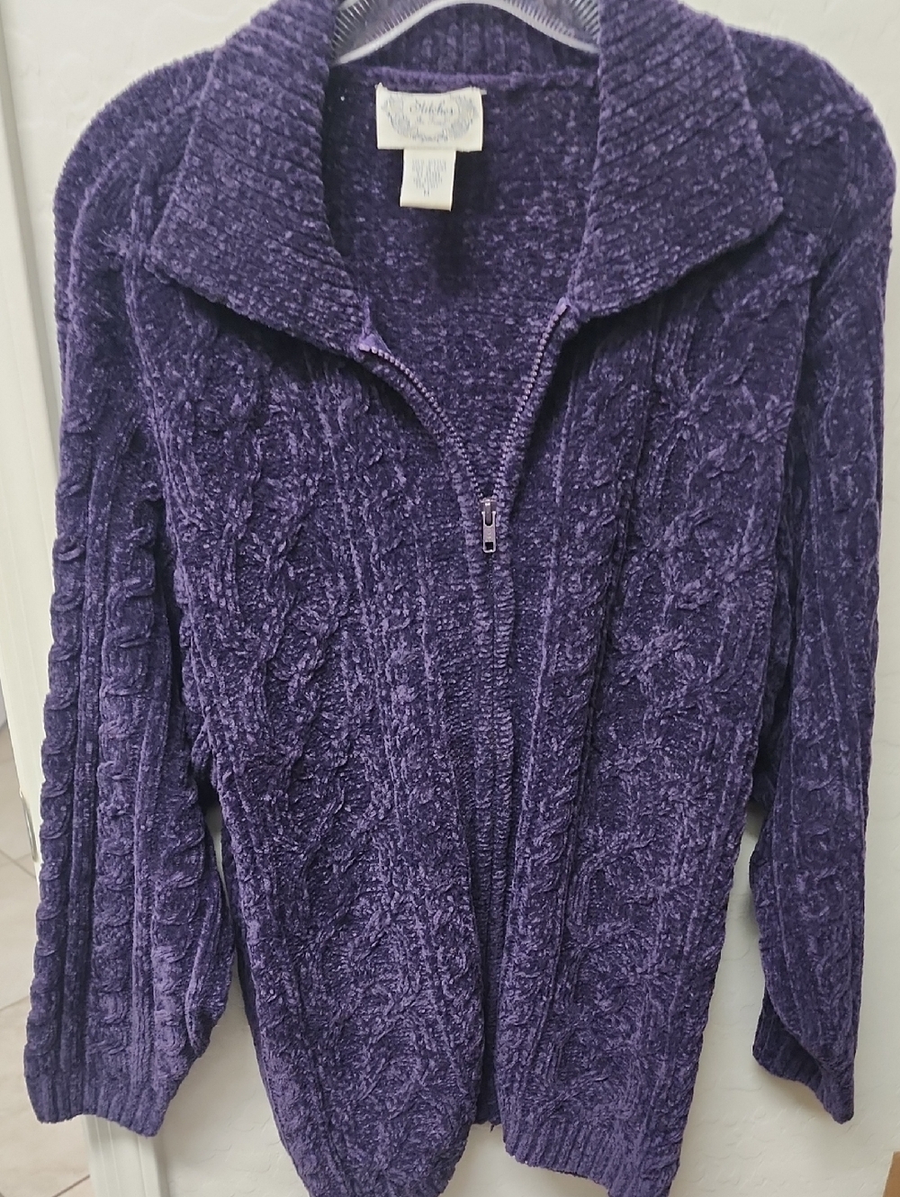 Plush Cable-Knit Zip Cardigan Sweater - Purple